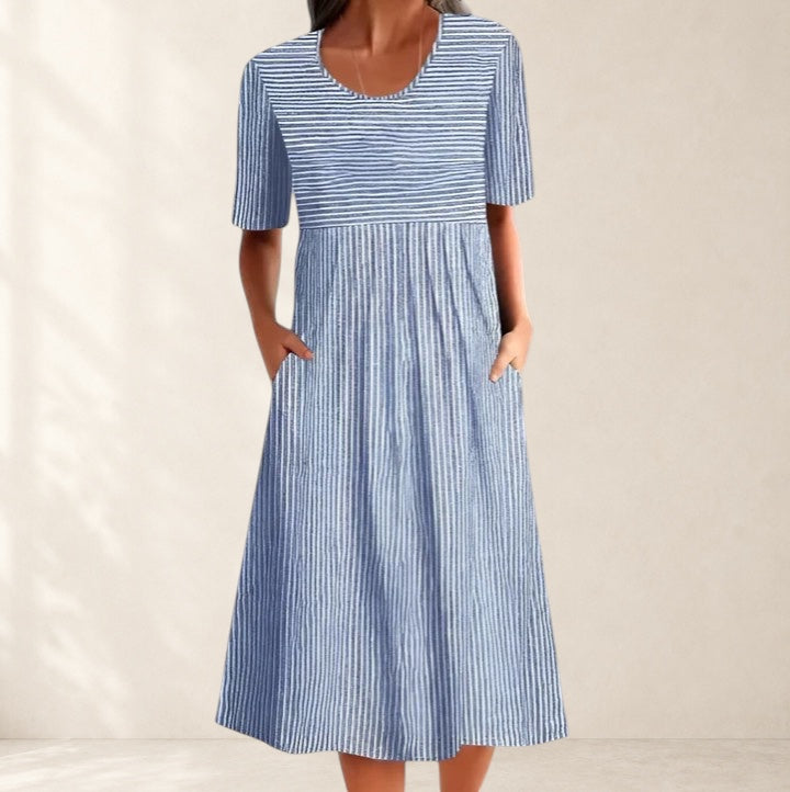 Vivian &amp; Cole Felyzette midi dress with blue and white stripes, short sleeves, and pockets.