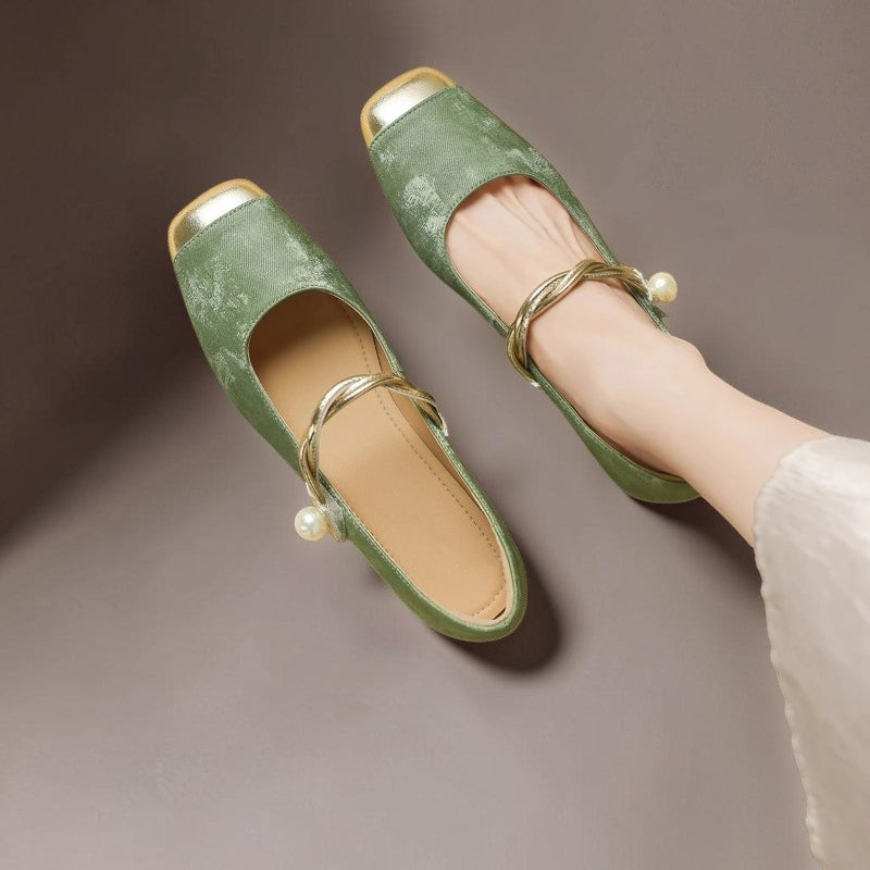 Vivian & Cole green square-toe Mary Jane pumps with a gold metallic toe cap and pearl-detailed instep strap