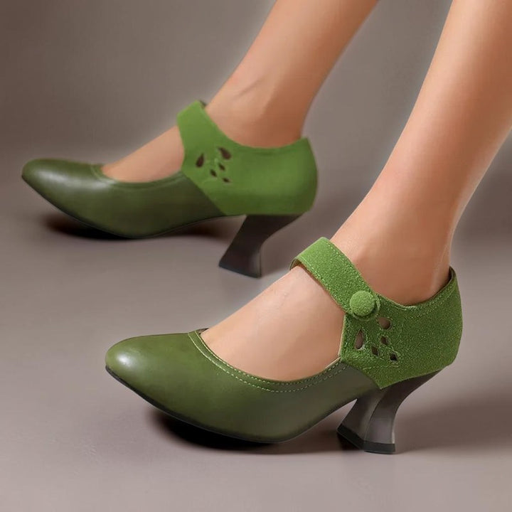 Vivian &amp; Cole Antonia green suede round-toe heels with a stable flared heel and secure ankle strap
