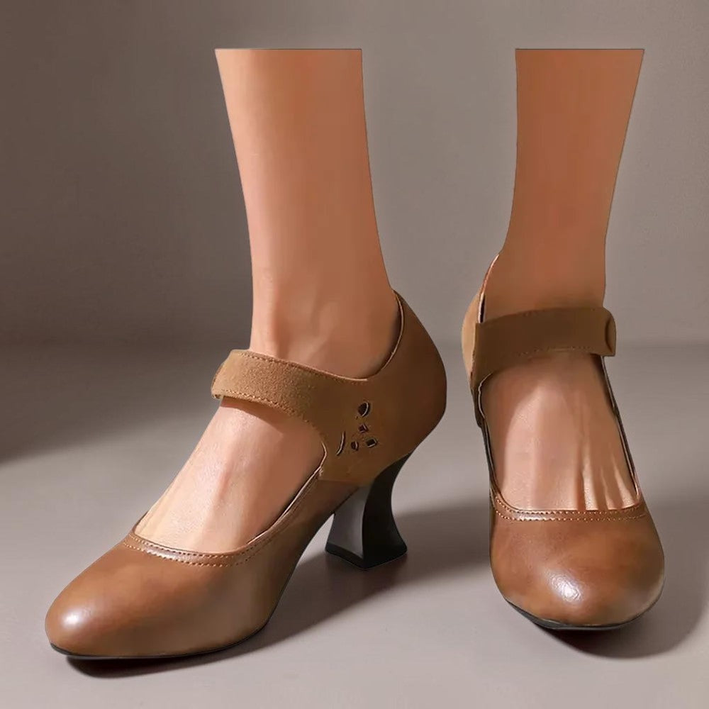 Vivian &amp; Cole Guinevere brown Victorian button strap heels with a stable flared heel and secure ankle strap