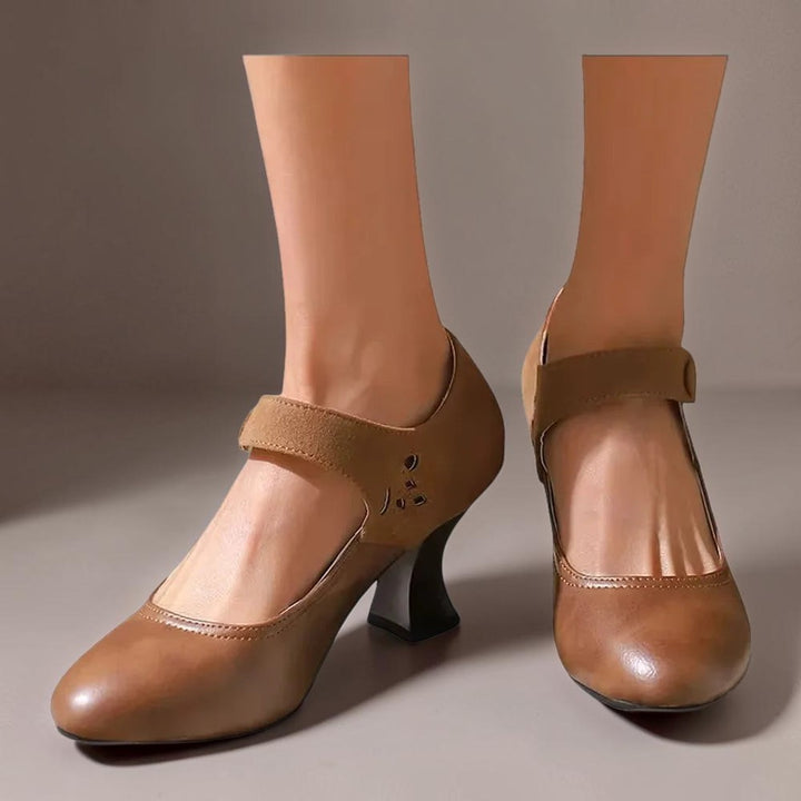 Vivian &amp; Cole Guinevere brown Victorian button strap heels with a stable flared heel and secure ankle strap