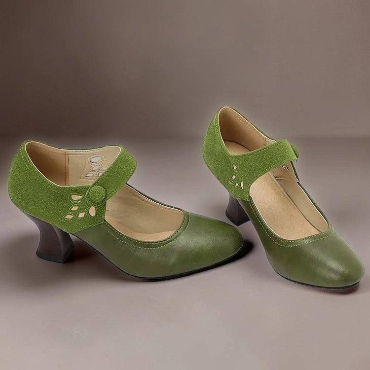 Vivian &amp; Cole Guinevere Victorian style green heels with button strap detail and stable block heel
