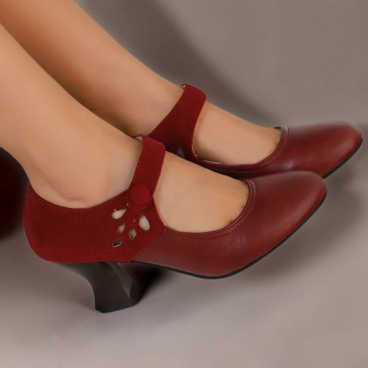 Vivian &amp; Cole Guinevere Victorian style red heels with a secure button ankle strap and stable block heel