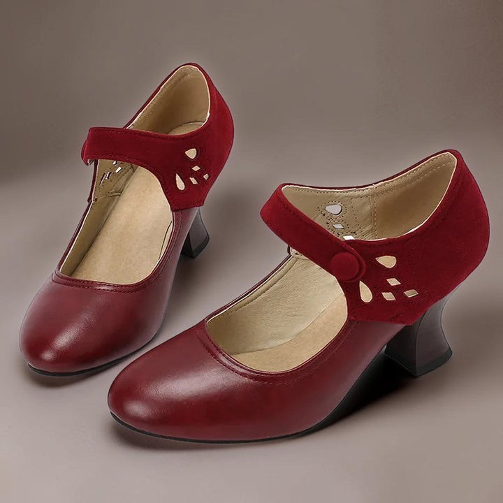 Vivian &amp; Cole Guinevere red Victorian button strap heels with a stable block heel and cushioned footbed