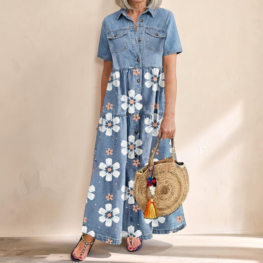 Vivian & Cole Kirra denim maxi dress with white floral print, button-up shirt bodice, and straw bag