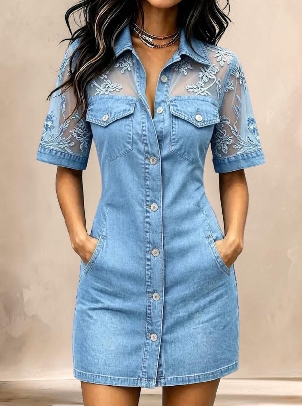 Vivian &amp; Cole sky blue denim shirt dress featuring delicate lace patchwork panels on the shoulders and sleeves.