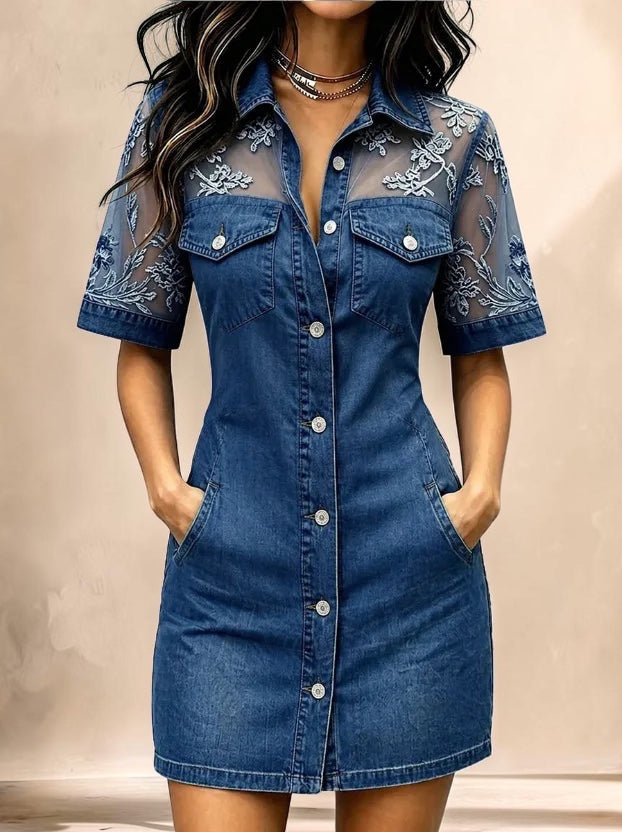 Vivian &amp; Cole blue denim shirt dress featuring delicate lace patchwork panels on the shoulders and short sleeves.