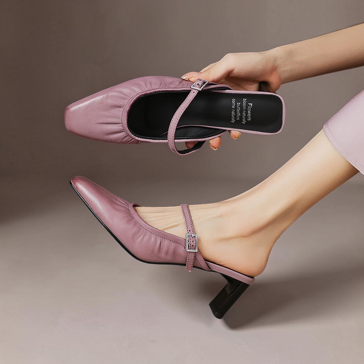 Vivian &amp; Cole Vanya lilac leather ruched Mary Jane mule with a square toe and sculpted block heel on a model