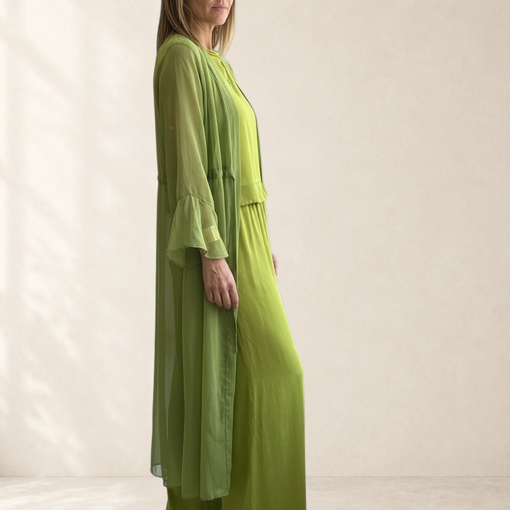 Vivian &amp; Cole Lindsy elegant three-piece set in lime green polyester, featuring a sleeveless top, wide-leg pants, and a flowing long cardigan with bell sleeves.