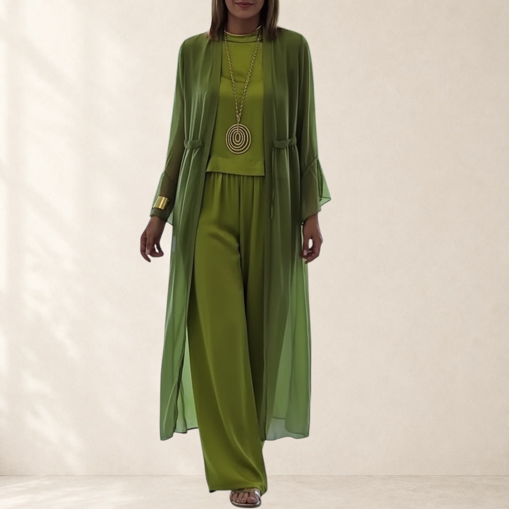 Vivian & Cole Lindsy elegant three-piece set in lime green polyester, featuring a sleeveless top, wide-leg pants, and a flowy long cardigan.