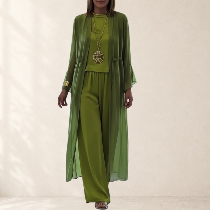 Vivian &amp; Cole Lindsy elegant three-piece set in lime green polyester, featuring a sleeveless top, wide-leg pants, and a flowy long cardigan.