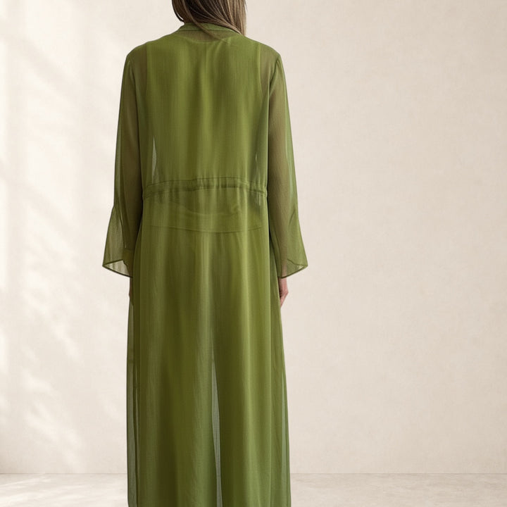 Vivian &amp; Cole Lindsy three-piece set in lime green polyester. Features a long, flowy cardigan over wide-leg pants and a sleeveless top.