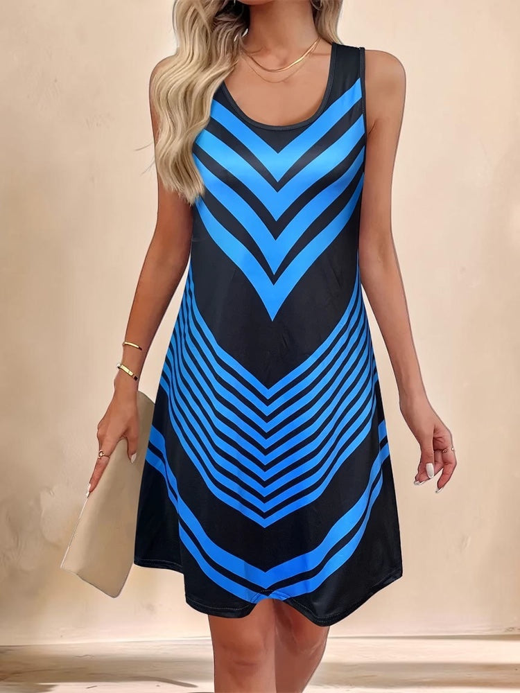 Vivian &amp; Cole Marguerite sleeveless A-line dress featuring a black and blue chevron stripe print and round neckline.
