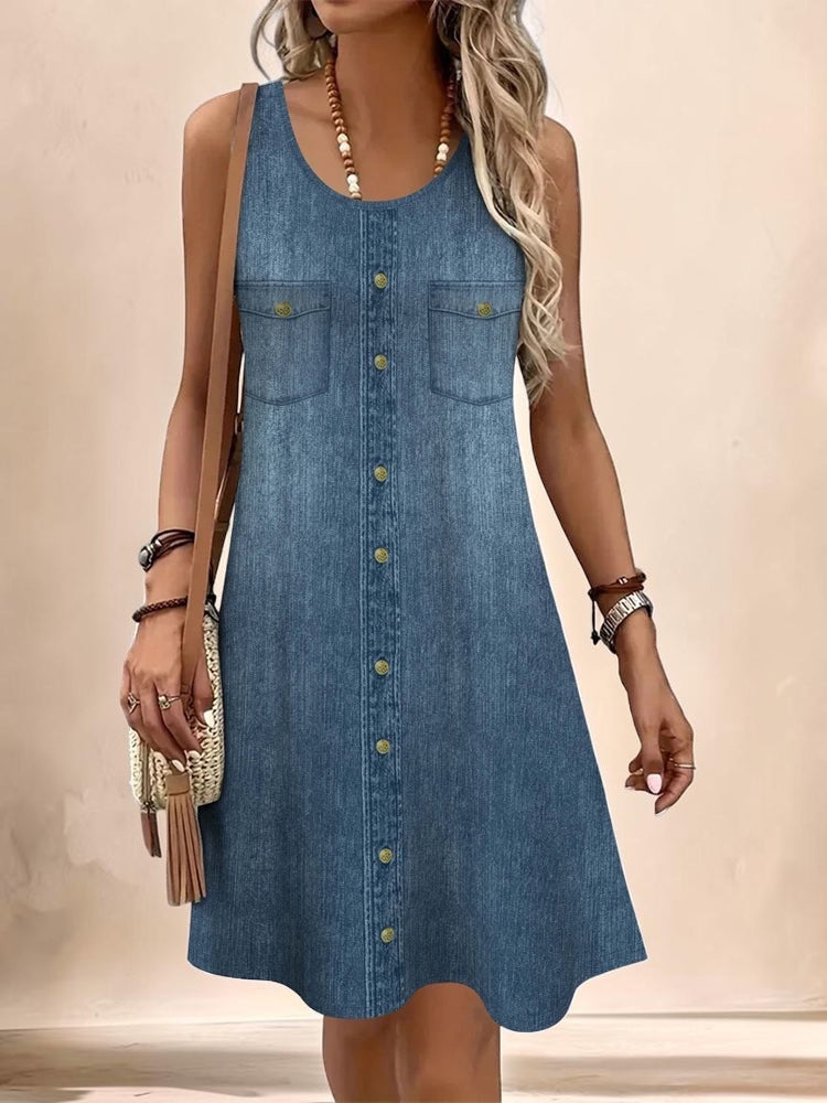 Vivian &amp; Cole Marguerite sleeveless denim-style A-line dress with button-down front and chest pockets