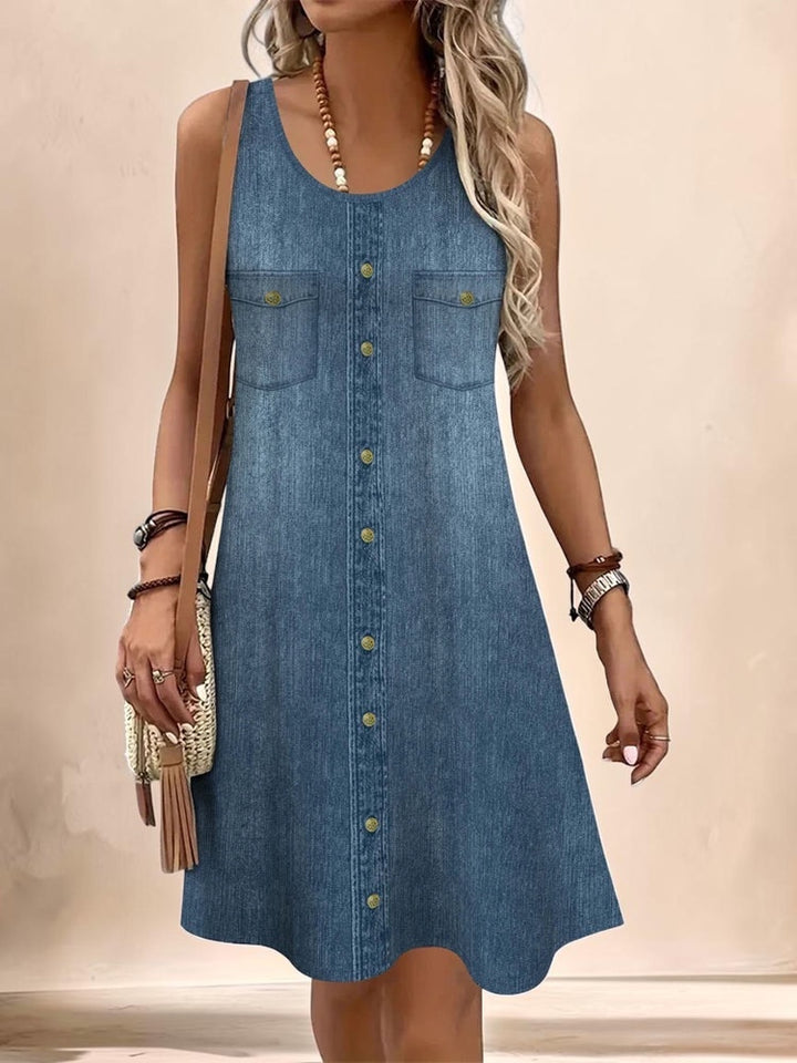 Vivian &amp; Cole Marguerite sleeveless denim-style A-line dress with button-down front and chest pockets