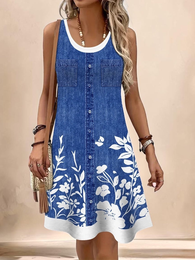 Vivian &amp; Cole Marguerite sleeveless denim-style A-line dress with white floral print and round neckline