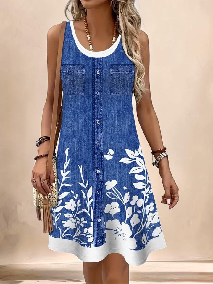 Vivian &amp; Cole Marguerite sleeveless denim-style A-line dress with white floral print and round neckline