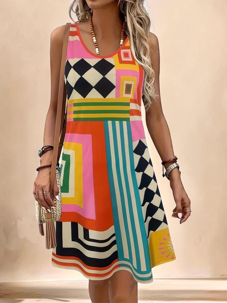 Vivian &amp; Cole Marguerite sleeveless A-line dress featuring a vibrant multi-colored geometric print and round neckline