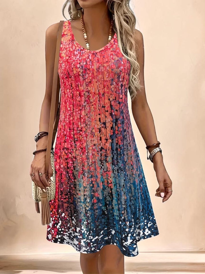Vivian &amp; Cole Marguerite sleeveless A-line dress featuring a vibrant red to blue gradient mosaic print