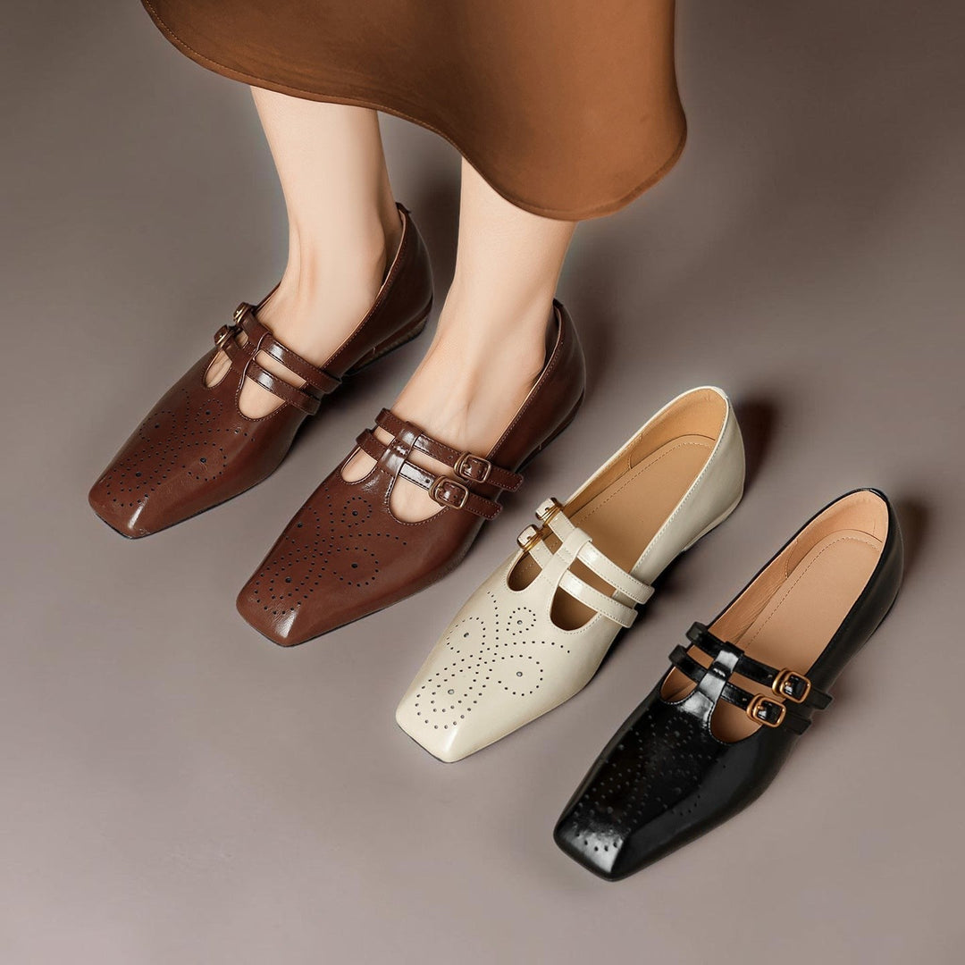 Vivian &amp; Cole Marisol brogued leather Mary Jane pumps with dual straps and low block heels in brown, beige, and black.