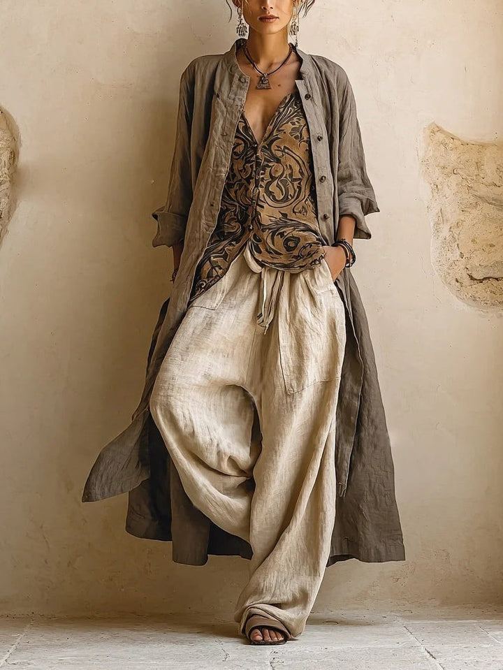 Vivian &amp; Cole Natural 3-Piece Set: beige linen blend pants, brown printed top, and grey duster cardigan.