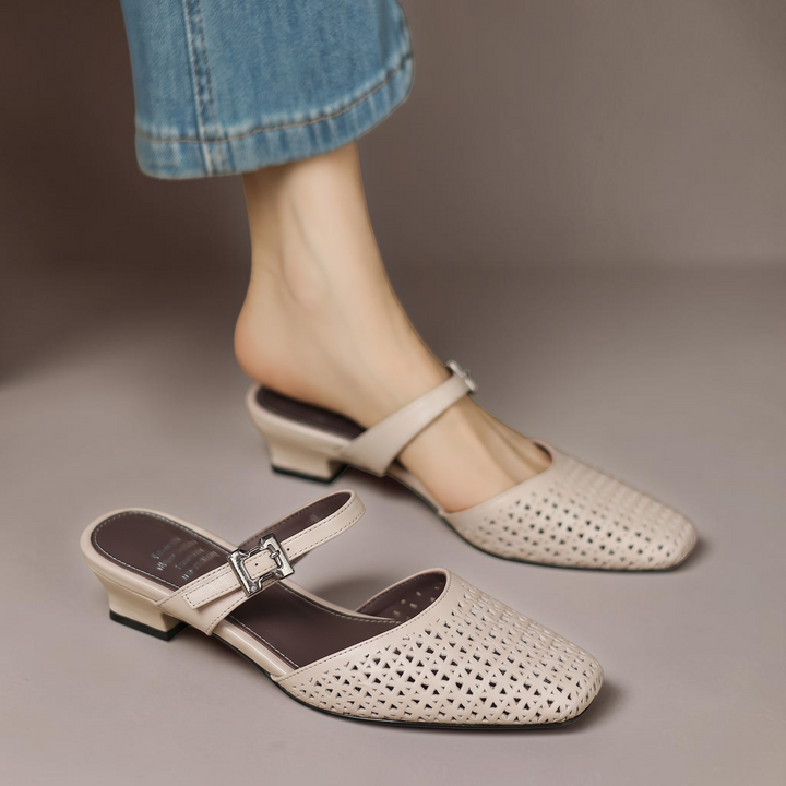 Vivian &amp; Cole Nilda beige genuine leather mules with perforated details, buckled strap, and low block heel
