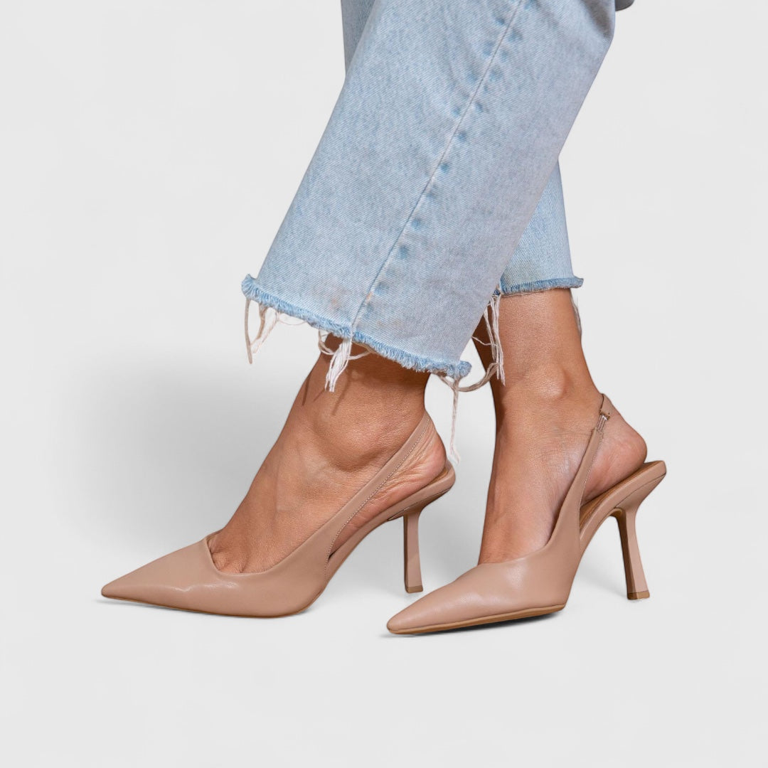 Vivian &amp; Cole Bella nude leather pointed toe slingback heels with orthopedic support.