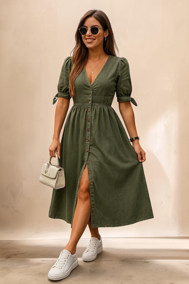 Vivian &amp; Cole Jacqueline elegant olive green denim midi dress with puff sleeves, button-down front, and tailored waist