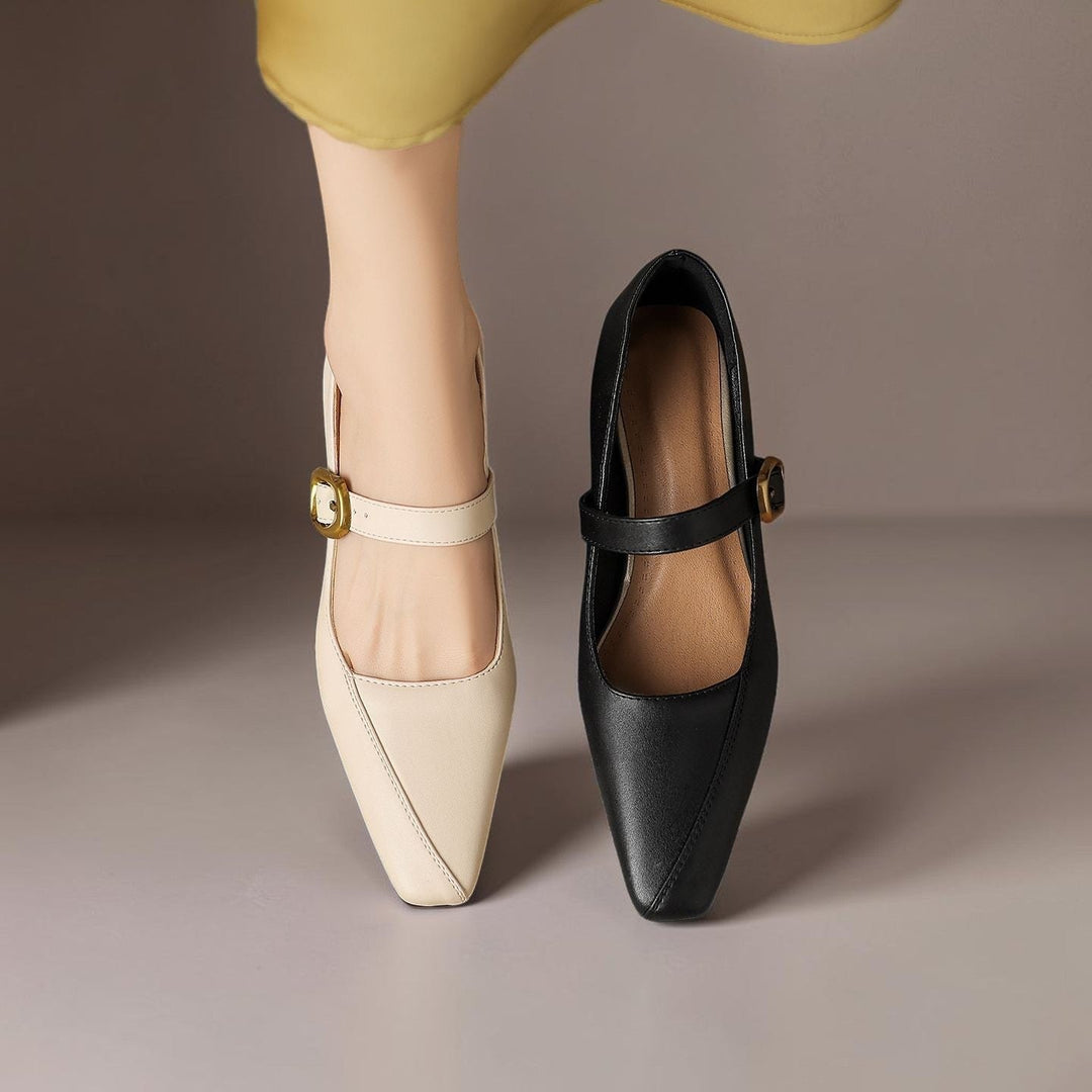 Vivian &amp; Cole Zorae paneled Mary Jane heels in beige and black leather with gold-tone buckles and low block heels