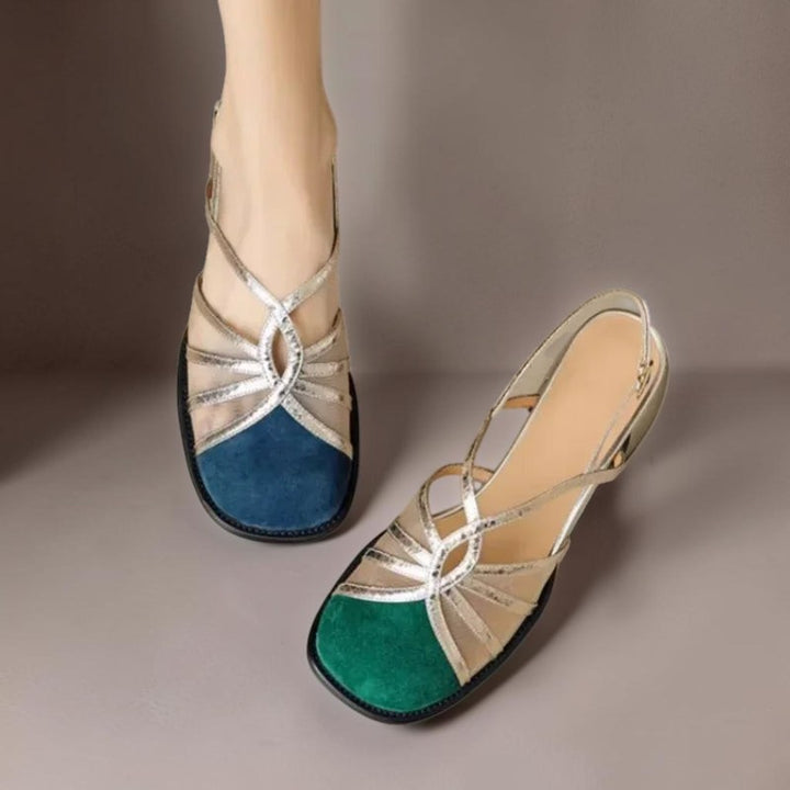 Vivian &amp; Cole Pearl breathable buckle sandals in blue and green with metallic straps and cushioned footbeds