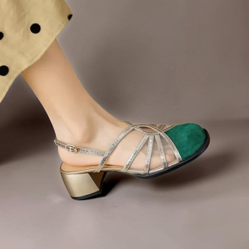Vivian &amp; Cole Pearl green and metallic gold strappy buckle sandals with a cushioned block heel worn on a foot