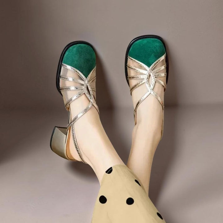 Vivian &amp; Cole Pearl green and gold breathable buckle sandals with a cushioned footbed and block heel