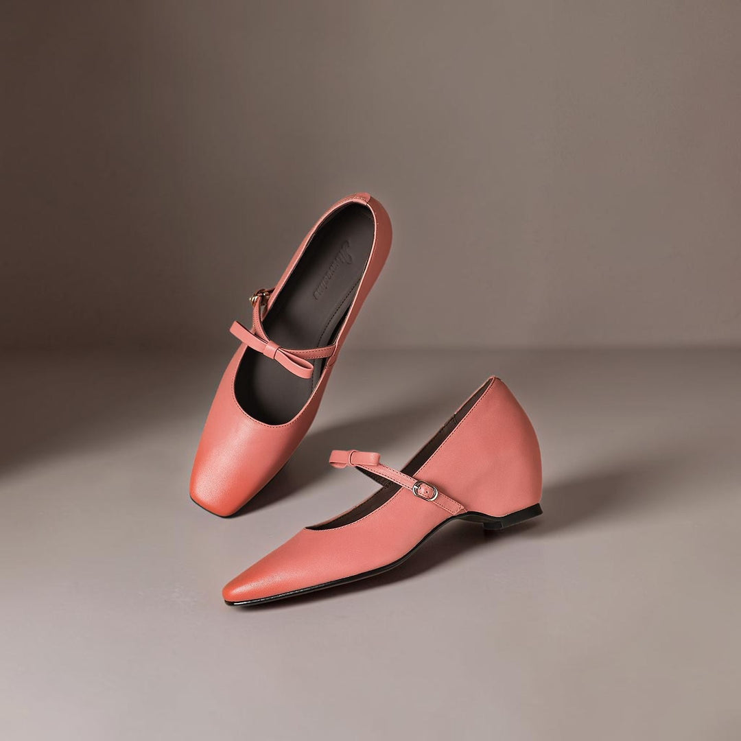 Vivian &amp; Cole Bryony pink leather Mary Jane pumps with a bow-tie strap and a concealed block heel.