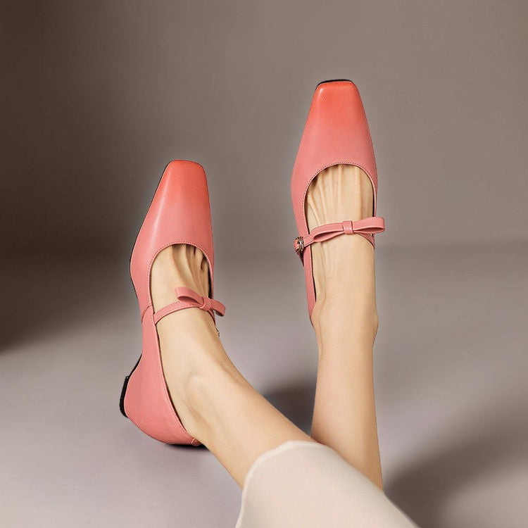 Vivian &amp; Cole pink leather Mary Jane pumps with a bow-strap and square toe, featuring a concealed block heel.
