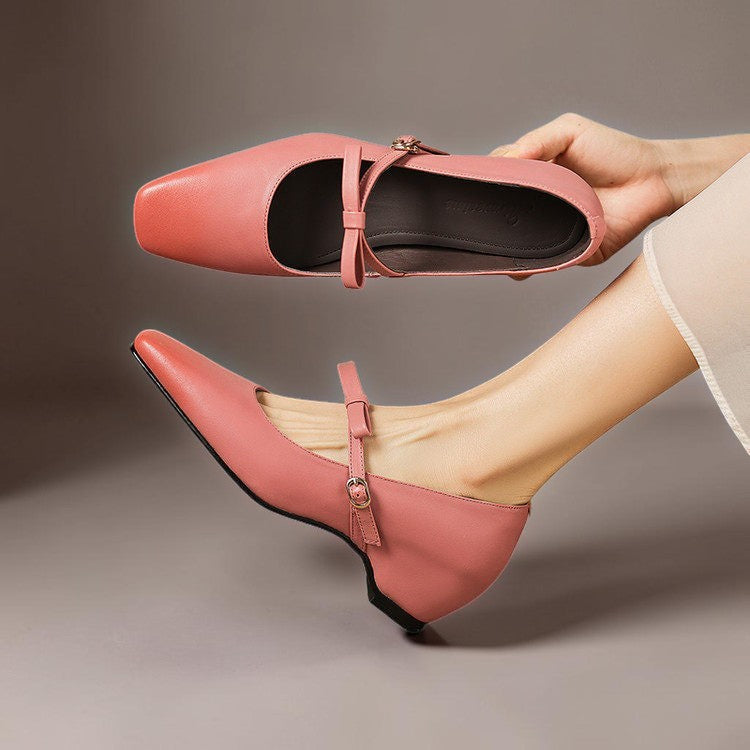 Vivian &amp; Cole Bryony pink leather Mary Jane pumps featuring a bow-tie strap and a concealed block heel