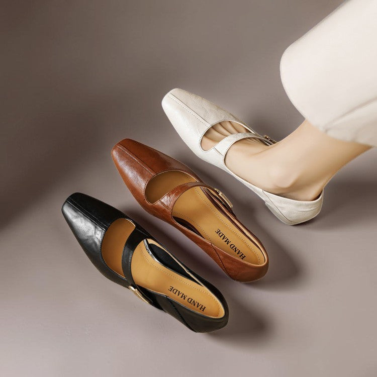 Vivian &amp; Cole Quera leather Mary Jane pumps in black, brown, and cream with chiseled square toes and gold bit accents.