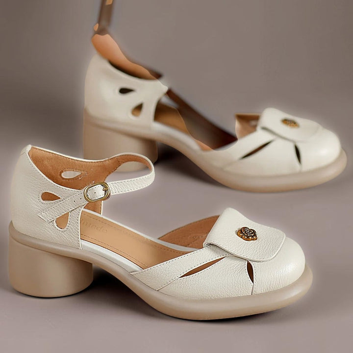 Vivian &amp; Cole Seraphine beige leather ankle strap platform sandals with a cushioned footbed and decorative gold detail