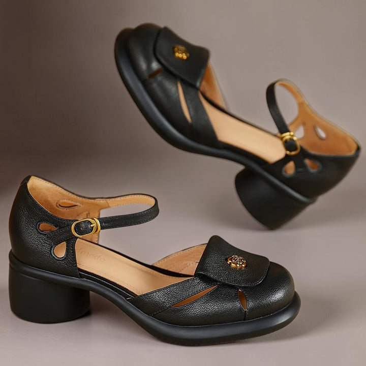 Vivian &amp; Cole Seraphine black leather platform sandals with adjustable ankle straps and gold floral embellishments