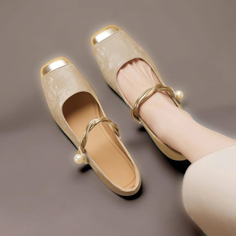 Vivian & Cole Iris square-toe Mary Jane pumps in champagne velvet with a gold metallic toe cap and pearl-set strap.