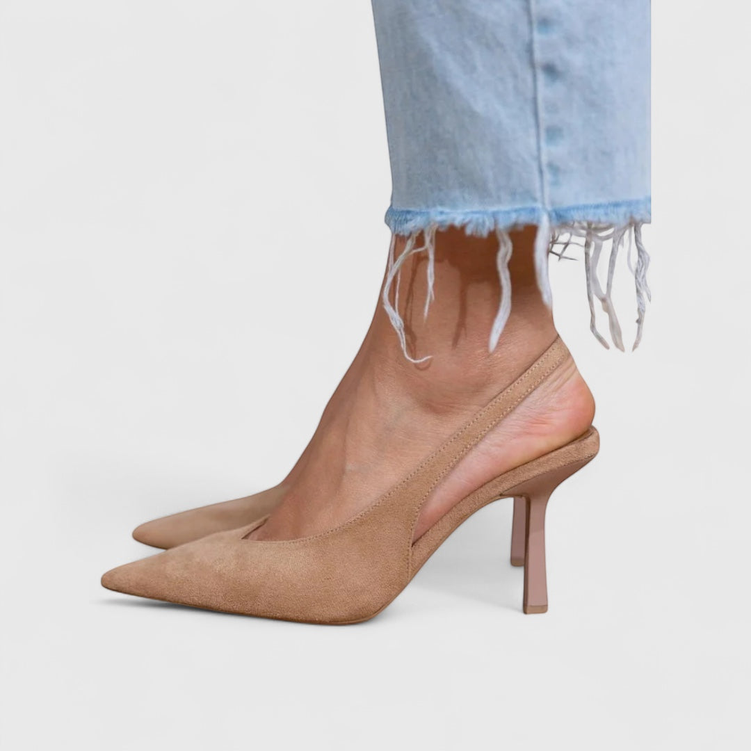Vivian & Cole Bella tan suede pointed toe slingback heels with orthopedic support.