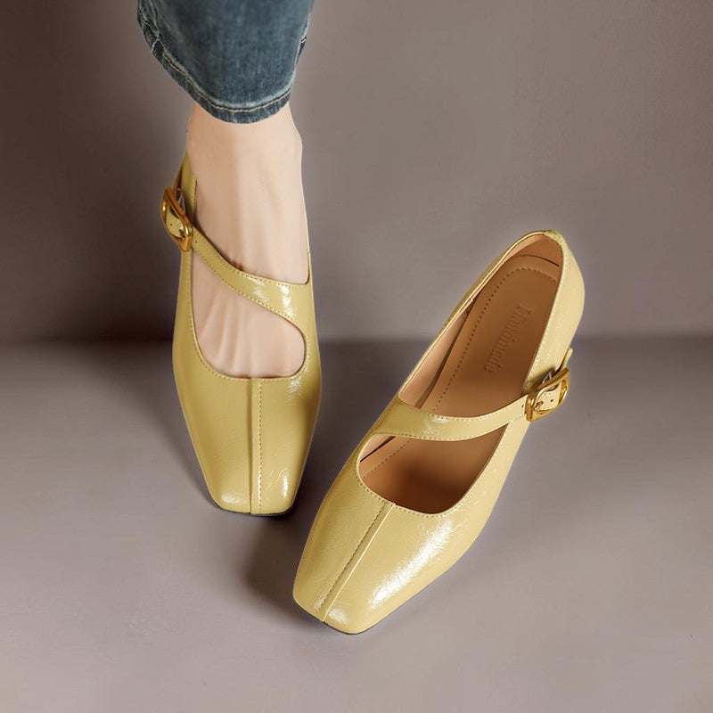 Vivian &amp; Cole Viora glossy beige genuine leather Mary Jane heels with a square toe and tilted buckle strap