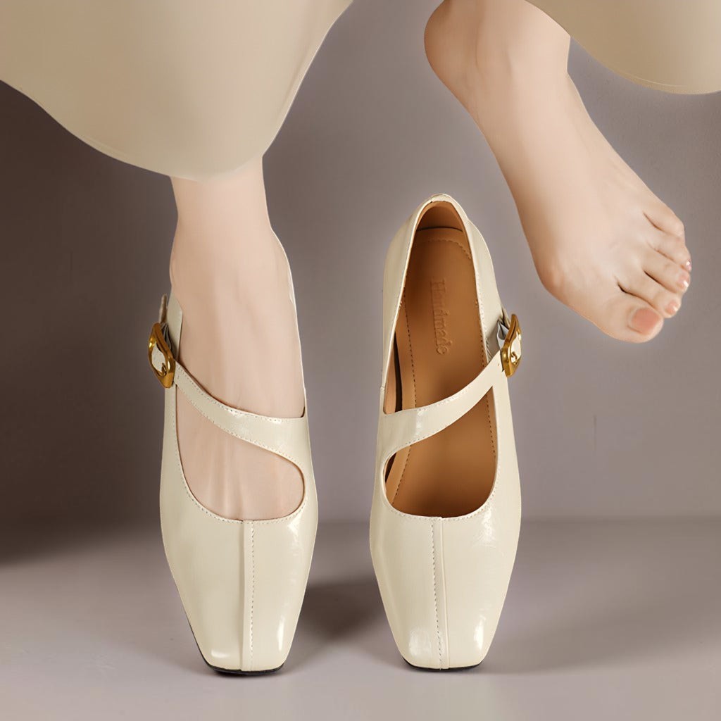 Vivian &amp; Cole Viora cream glossy genuine leather Mary Jane heels with a square toe and tilted buckle strap