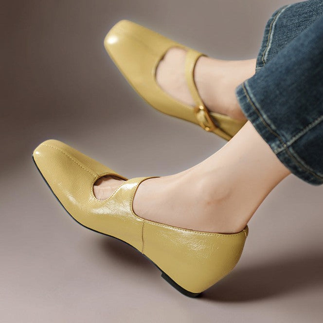 Vivian &amp; Cole Viora glossy yellow genuine leather Mary Jane heels with a square toe and tilted buckle strap