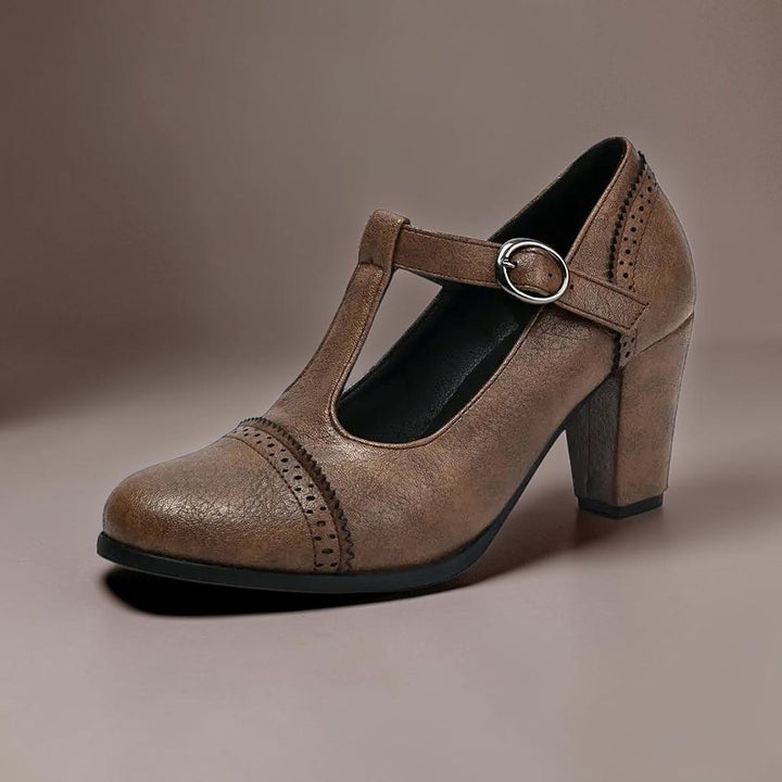 Vivian &amp; Cole Wilhelmina brown T-strap brogue heels with a steady block heel and classic punched detailing