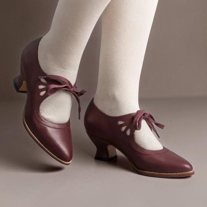 Vivian &amp; Cole Rosalind wine red vintage style lace-up Mary Jane pumps with a rounded toe and low block heel.