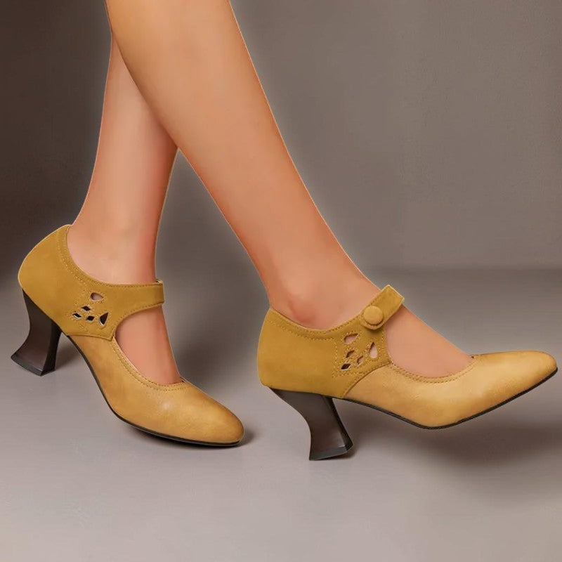 Vivian &amp; Cole Antonia yellow suede round-toe heels with a stable flared heel and decorative cutout ankle strap