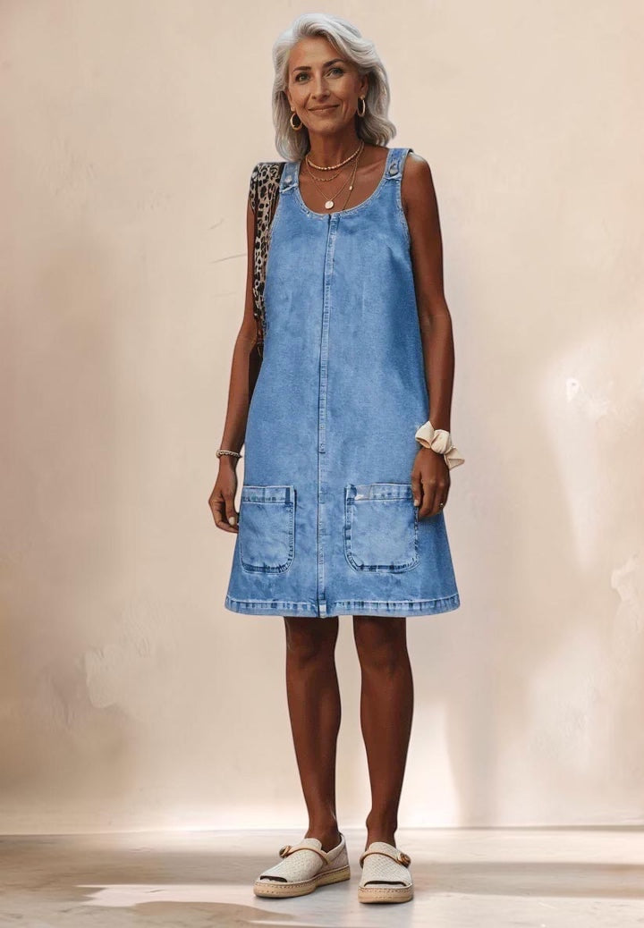 Vivian &amp; Cole Zarisse midi denim dress with front pockets worn by a woman with silver hair