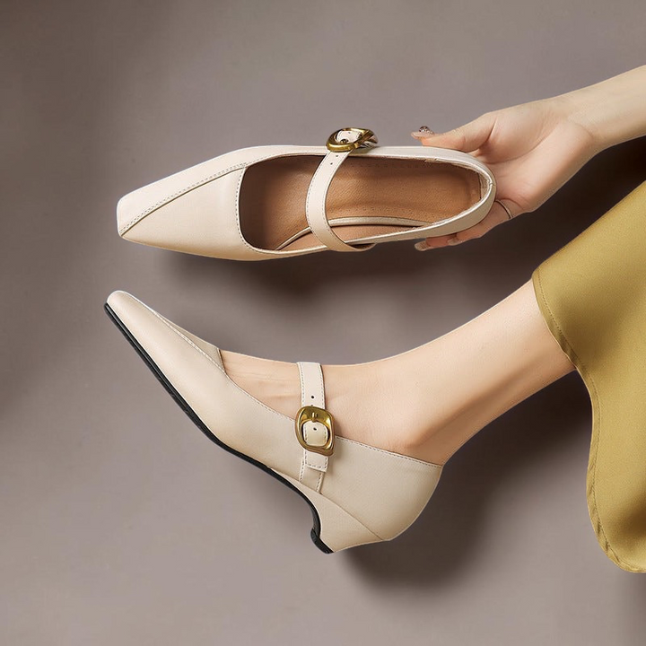 Vivian &amp; Cole Zorae beige leather Mary Jane heels with paneled stitching and a statement gold-tone buckle